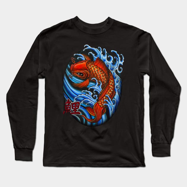 Koi Fish Japanese Tattoo Style Design Long Sleeve T-Shirt by Redemption Tshirt Co.